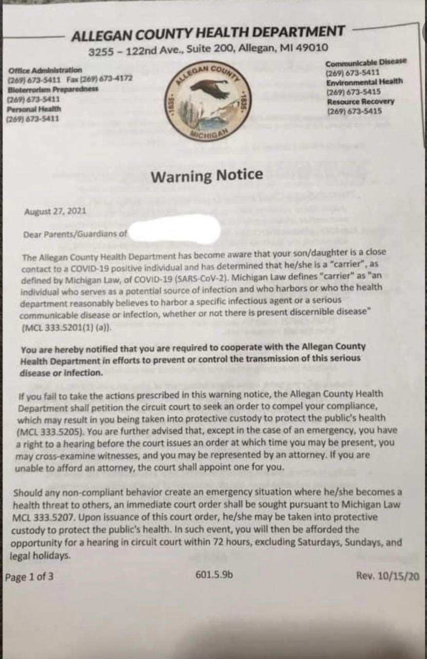 Allegan County Health Department Lettter